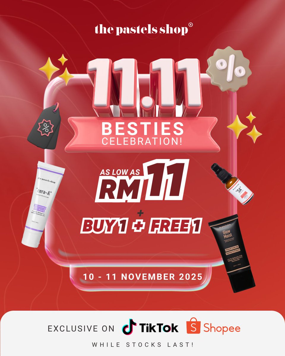 thepastelsshop's tweet image. 11.11 dah bermula hari ni!😝
Masuk LIVE The Pastels Shop sekarang dan grab terus deal manis-manis dari kami:
💖 Beli 1 item terpilih, dapat 1 FREE*
💸 Selected item pun ada yang start dari RM11 je!

Valid masa LIVE — kat TikTok &amp;amp; Shopee 💫
Cepat join sebelum semua licin! 😜…