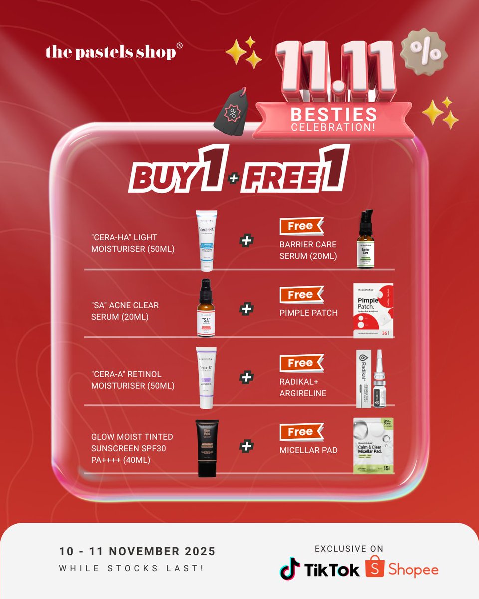 thepastelsshop's tweet image. 11.11 dah bermula hari ni!😝
Masuk LIVE The Pastels Shop sekarang dan grab terus deal manis-manis dari kami:
💖 Beli 1 item terpilih, dapat 1 FREE*
💸 Selected item pun ada yang start dari RM11 je!

Valid masa LIVE — kat TikTok &amp;amp; Shopee 💫
Cepat join sebelum semua licin! 😜…