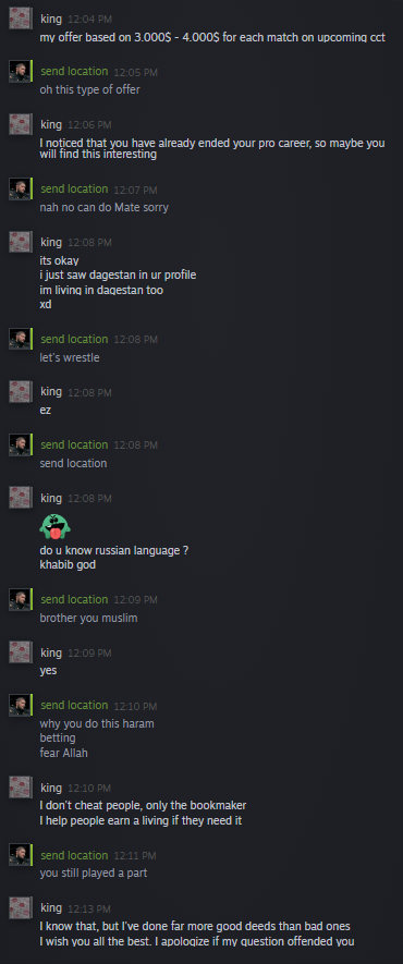 ❌offering to throw next match 
✅ wrestling match scheduled 
✅ halal reminder