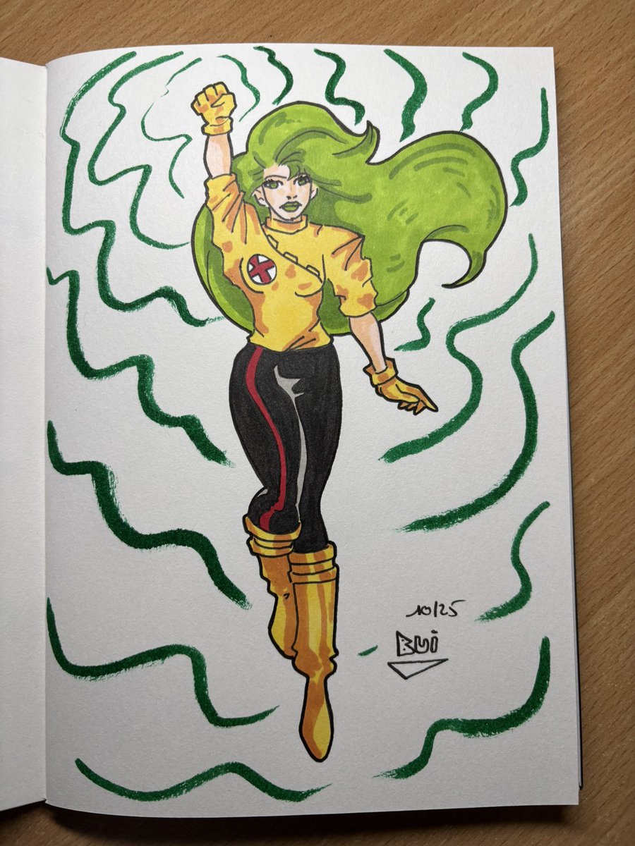 GregoryBui's tweet photo. Dessin et colorisation rapide de Polaris dans mon @cahiers.damour 
#fanart #marvel #xmen #xfactor #polaris #lornadane #mutant #superheroine #greenhair #magnetisme #promarker #drawing https://t.co/JtzyYljVCd