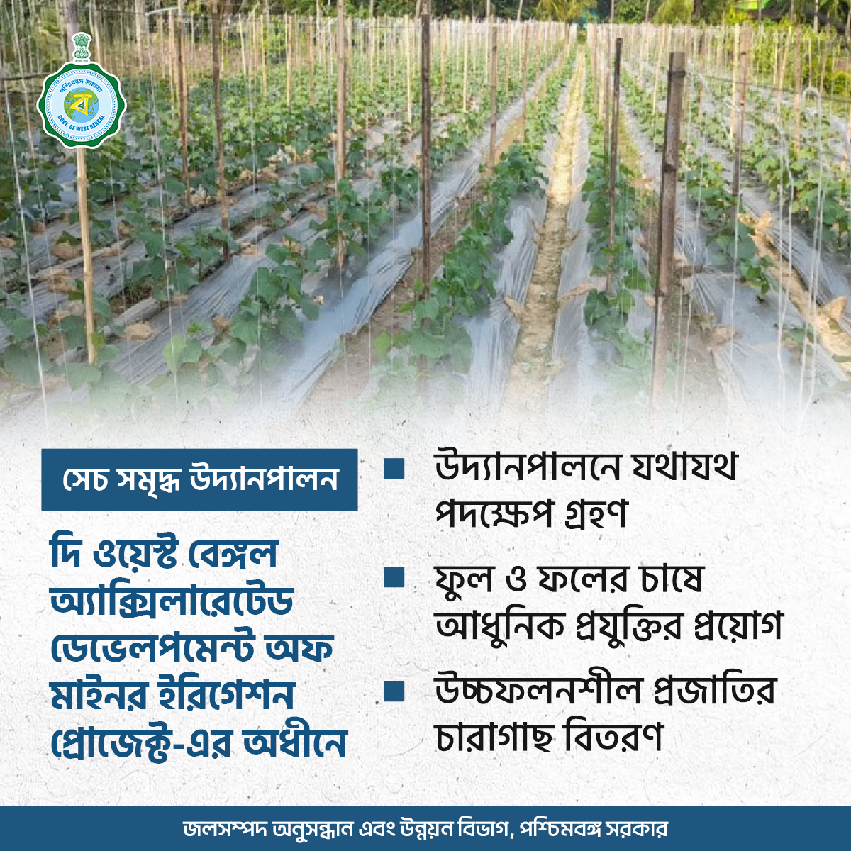পশ্চিমবঙ্গ জলসম্পদ অনুসন্ধান ও উন্নয়ন বিভাগের উদ্যোগে দি ওয়েস্ট বেঙ্গল অ্যাক্সিলারেটেড ডেভেলপমেন্ট অফ মাইনর ইরিগেশন প্রোজেক্ট-এর অধীনে উদ্যানপালনের ক্ষেত্রে গ্রহণ করা হয়েছে একাধিক কার্যকরী উদ্যোগ। ফুল ও ফলের চাষে আধুনিক প্রযুক্তির প্রয়োগ, উচ্চফলনশীল প্রজাতির চারাগাছ বিতরণ এবং