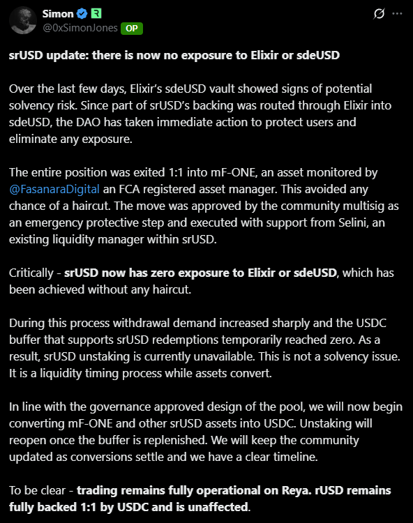 onchainlemon's tweet image. Reya&apos;s srUSD has exposure in Elixir sdeUSD. My mistake for not checking where the yield was coming from. Reya managed to rotate from Elixir into mF-ONE. Not sure when liquidity will return, but i plan to withdraw once unstaking reopens. I’ve already withdrawn my rUSD.

If you’re…