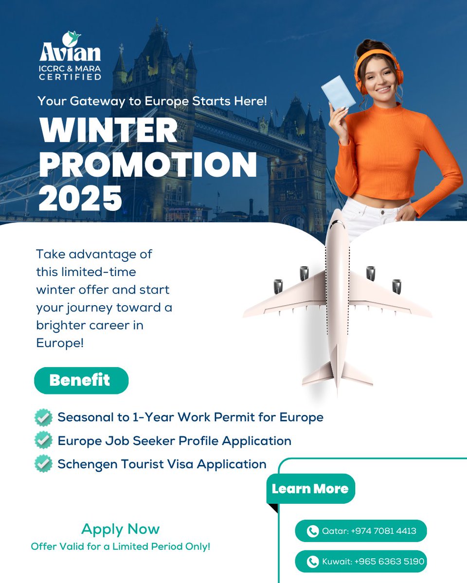 AvianGlobal's tweet photo. ❄️ Your European Dream Starts This Winter! 🇪🇺

Here’s what you get 👇
✅ Seasonal to 1-Year Work Permit for Europe
✅ Europe Job Seeker Profile Application
✅ Full documentation &amp; guidance support

#AvianGlobal #WorkInEurope #EuropeVisa #WinterPromotion2025 #SchengenVisa https://t.co/wcJdt4ZSYH