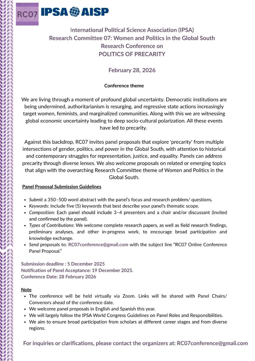 ipsarc07's tweet image. RC07 invita a proponer paneles para la conferencia de investigación on line (un día) sobre “La Política de la Precariedad.
Fecha de la conferencia: 28/2/26
Envíos hasta: 5/12/25
Más info en: rc07.ipsa.org/post/2025/11/0…
Este año se aceptarán propuestas en inglés y español.
#RC07 #IPSA