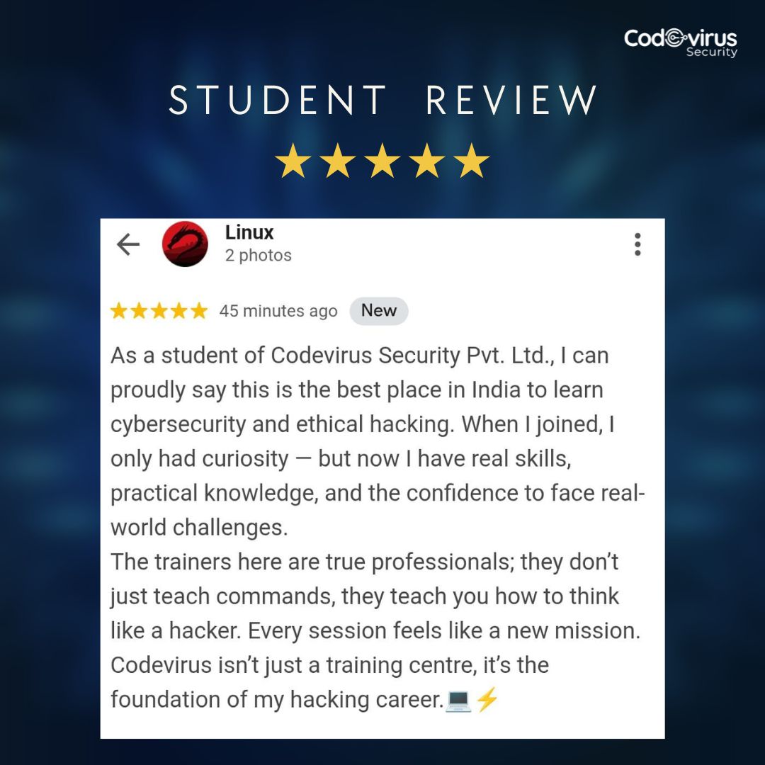 codevirussec's tweet image. 💬 Real feedback. Real growth. Our students are the heart of Codevirus Security — here’s what they have to say about their journey into the world of cybersecurity! 💻🔒 
#CodevirusSecurity #StudentReview #CybersecurityTraining