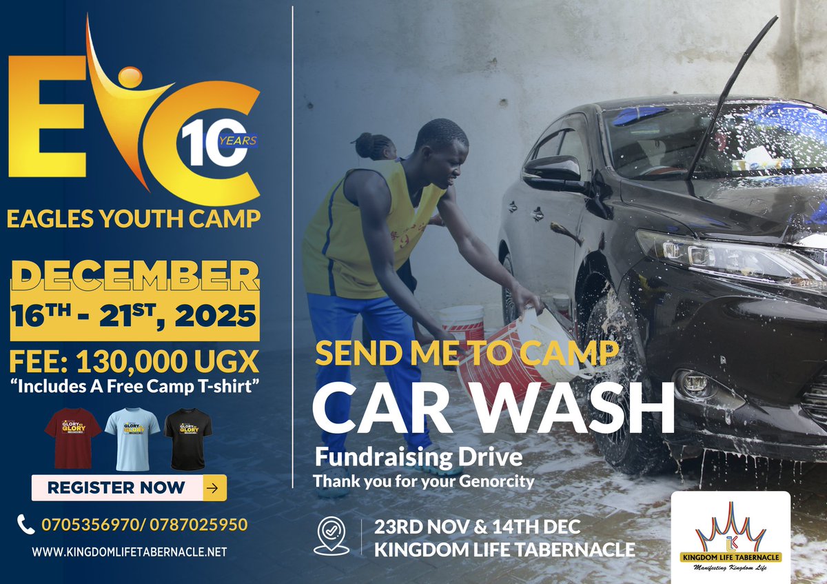 "Wash a car, send a youth to camp!”

Join us for our Send Me to Camp Car Wash Fundraising Drive at Kingdom Life Tabernacle at a fee of 20,000UGX! 

📅 Nov 23rd &amp; Dec 14th — Every wash supports a youth going to the Eagles Youth Camp 2025!

#FromGloryToGlory 
#EYC2025 
#EYCAT10
