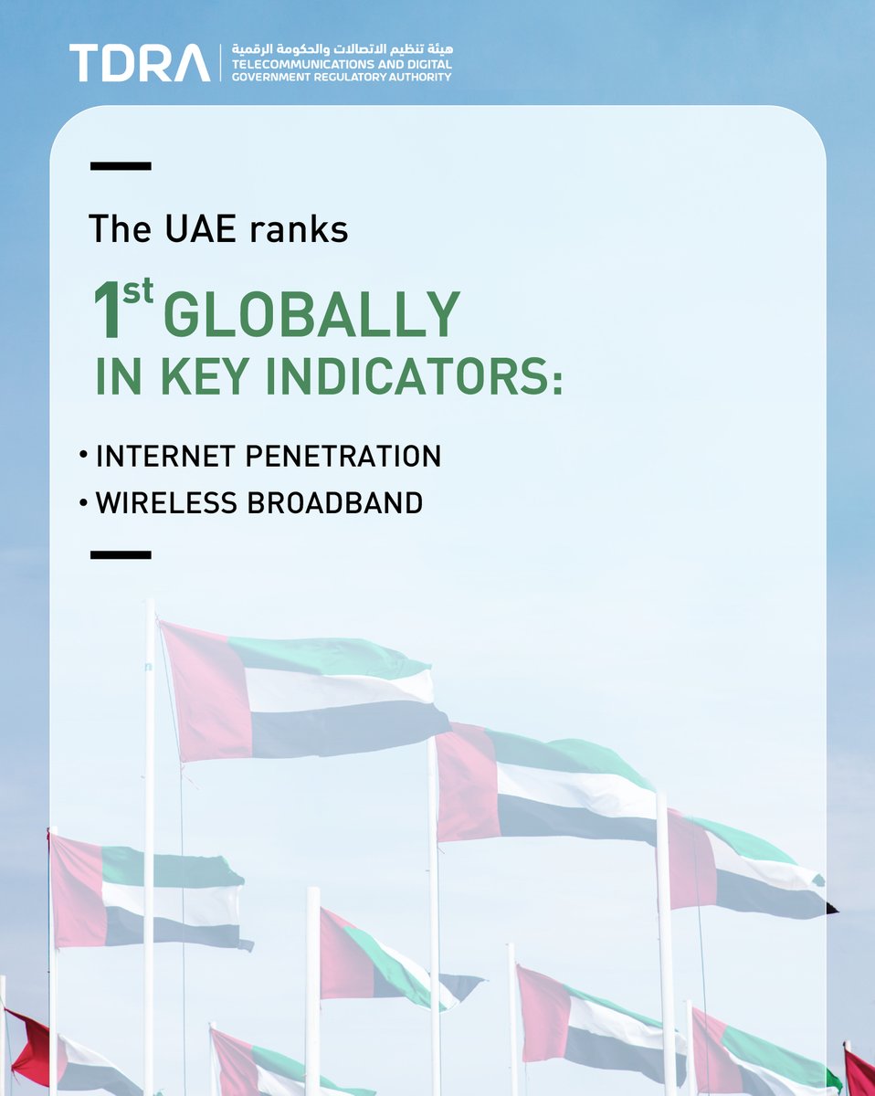 tdrauae's tweet image. World-class digital infrastructure 💪
The UAE ranks 1st globally in 8 key digital indicators, demonstrating its leadership in connecting the world and providing digital services that rival the best global economies.
#DigitalLeadership #TDRA #DigitalUAE