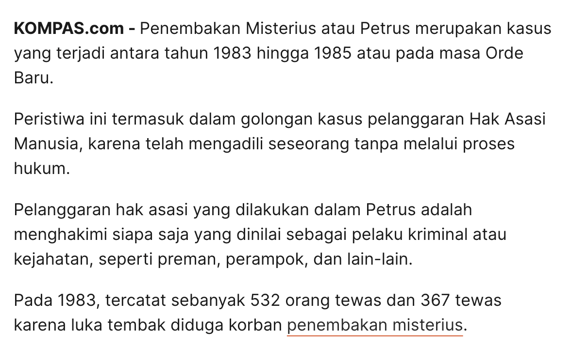 di buku biografinya, soeharto mengakui bahwa dia yang memerintahkan petrus.

bbrp tahun lalu, presiden jokowi atas nama pemerintah indonesia meminta maaf atas pelanggaran ham berat, termasuk petrus.

pahlawan dan pelanggaran ham berat. 

youtube.com/watch?v=FG910-…