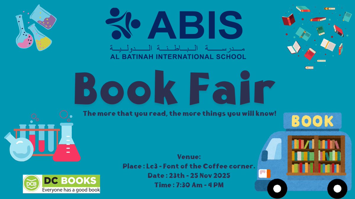 Join us at the ABIS Book Fair from 23–25 November to celebrate a shared love of reading with DC Books. In front of the Coffee Corner, LC3
7:30 a.m. – 4:00 p.m. “The more that you read, the more things you will know.” #ABIS #Bookfair #Community #reading