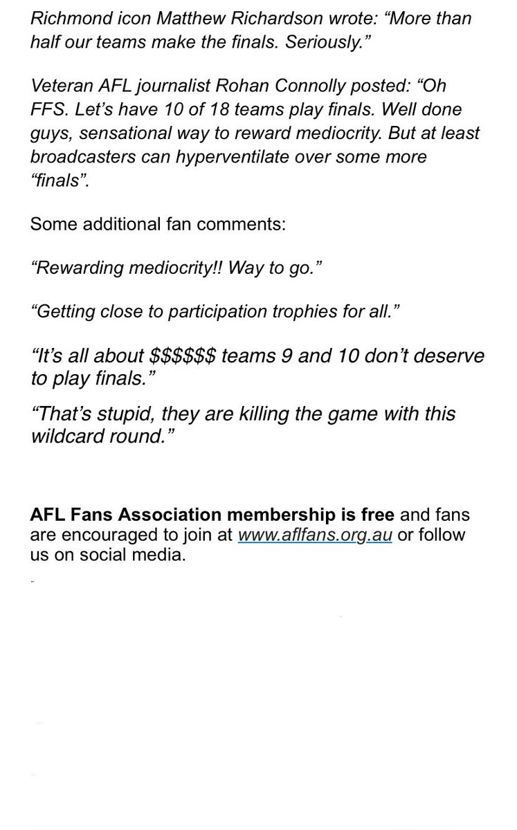 FansAFL's tweet photo. AFLFA Media Release - ‘Wildcard Round’ or Top 10 finals out of 18 teams..

The AFL Fans Association (AFLFA) has called on the AFL Commission and key AFL executives to review the proposed wildcard round in light of overwhelming fan feedback.

Full AFL media release in photos. https://t.co/y4DDTVpjLL