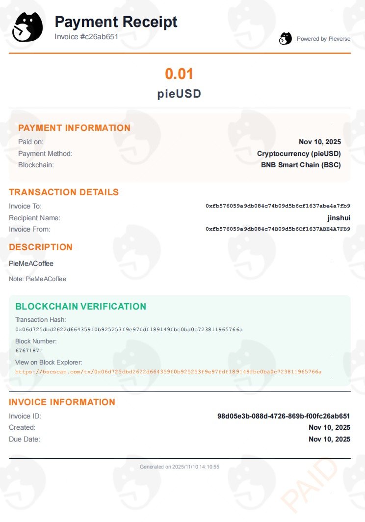 nftguoxin's tweet photo. Just generated my first receipt for the @pieverse_io  #PieMeACoffee Airdrop . Easy PIE. #PieMeACoffee #x402 https://t.co/g3ePIiO4eP