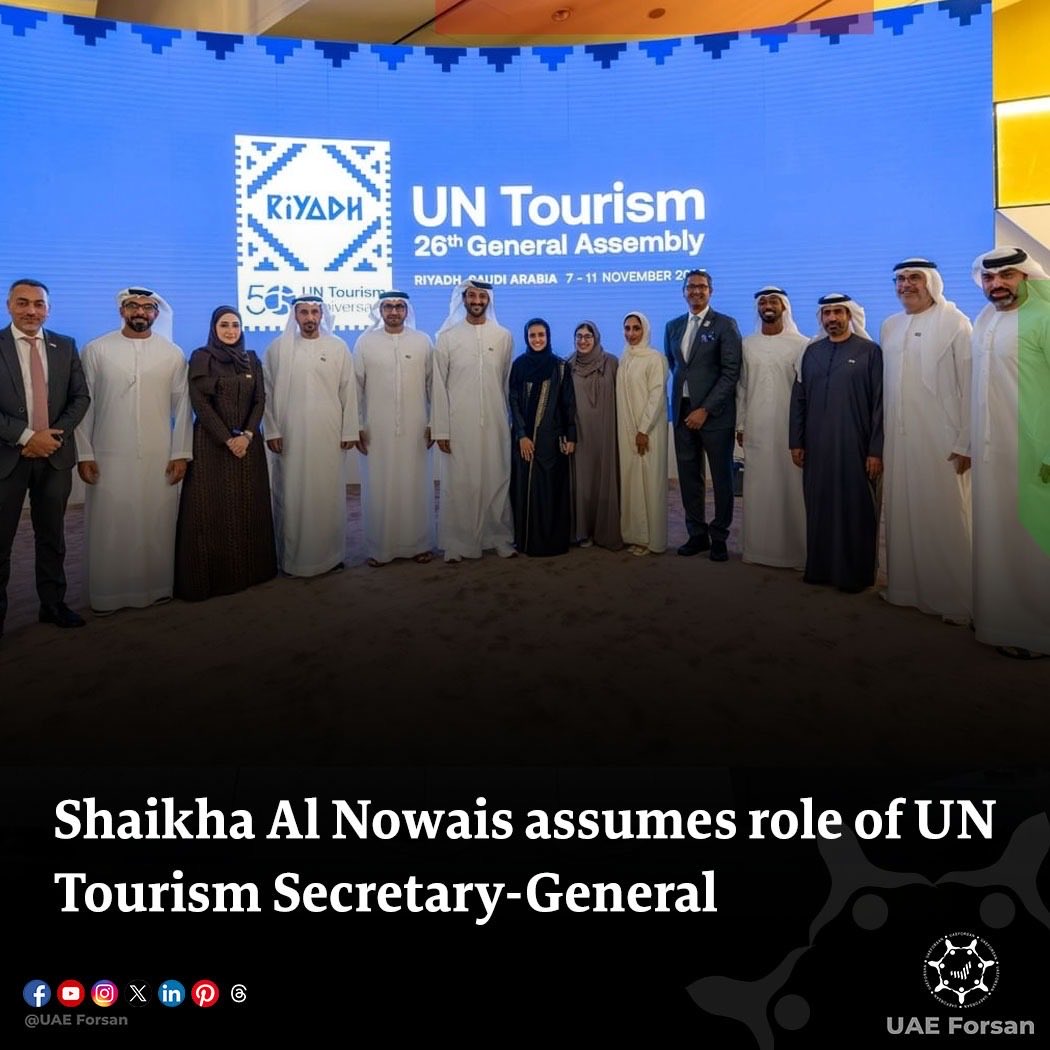 UAE_Forsan's tweet image. The United Nations World #Tourism Organisation (#UNWTO) has chosen, by a majority vote of more than 160 countries, HE Shaikha Nasser Al Nowais as new Secretary-General of the organisation for the term 2026–2029, following her election last May by the Executive Council…