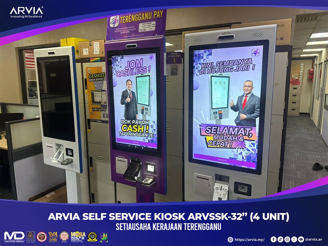 arviaav's tweet photo. Successfully delivered and installed the Arvia Self-Service Kiosk ARVSSK-32” (4 Unit) at Setiausaha Kerajaan Terengganu ✅
Discover our website: https://t.co/7IoID8LsNn

#SelfServiceKiosk #QSR #PointOfSale #KioskMalaysia #DigitalOrdering #FNBtechnology #ArviaSolutions https://t.co/Dx63TvxHcC