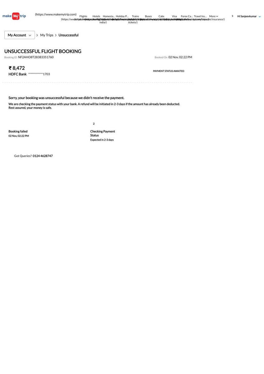 <a href="/makemytrip/">MakeMyTrip</a> <a href="/makemytripcare/">MakeMyTrip Care</a> <a href="/MakeMyTripIndia/">MakeMyTripIndia</a> Pathetic Service by you.
Tried to book flight ticket from Ahmedabad to Pune &amp; back on 02nd November.
The transaction failed from your site but amount deducted. Your customer care executive assured for refund in next 2-3 days from