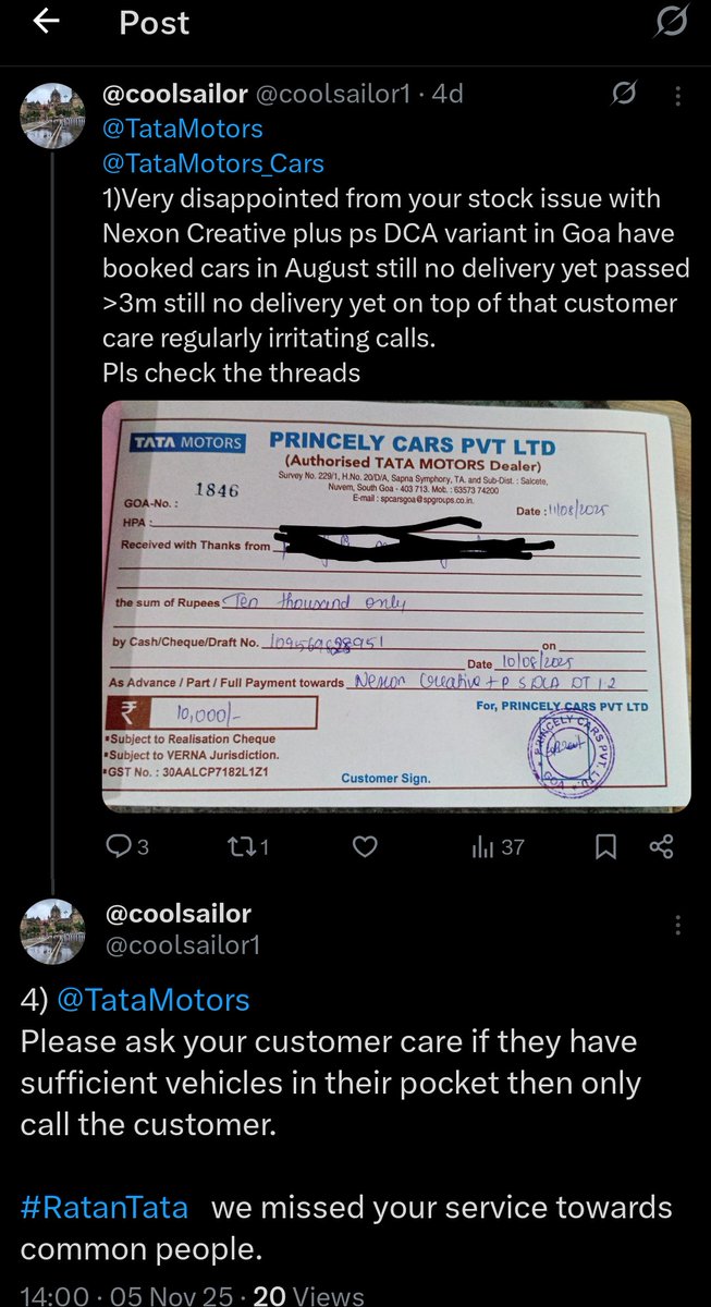 coolsailor1's tweet image. Don't buy car from @TataMotors_Cars  they ll definitely make you suffer they are just making fraud on social media but in reality they don't have a single car in their pocket
booked my car 3 months ago still no delivery yet
#uselesscustomercare 
Go for another company vehicle