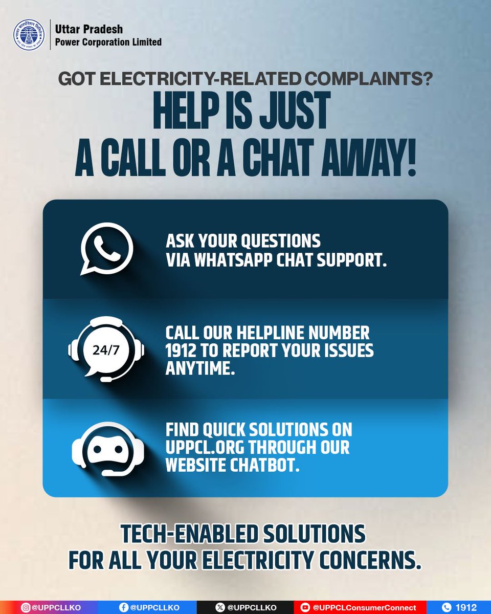 pvvnlhapur's tweet image. Whether it’s a complaint or a question — help is always within reach. Experience faster, smarter support with UPPCL’s digital services.  #UPPCL #SmartService #DigitalUPPCL
@CMOfficeUP
@EMofficeUP
@aksharmaBharat
@mduppcl