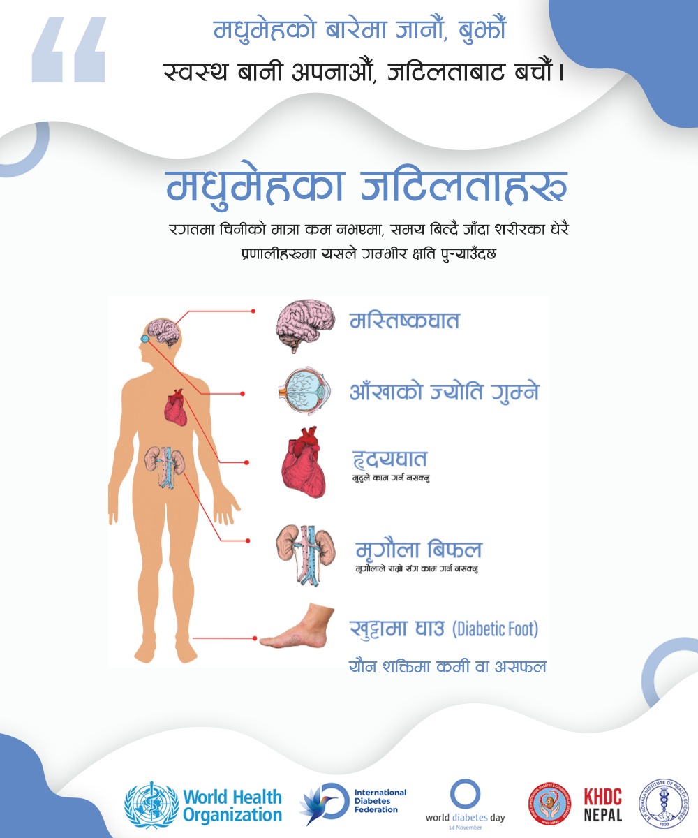 khdc_nepal's tweet photo. Uncontrolled #Diabetes can damage your heart, eyes, kidneys &amp; nerves over time.
Adopt healthy habits &amp; prevent complications.
#WorldDiabetesDay #WDD2025 #DiabetesAwareness #WDD2025 #DiabetesLife #SeeTheSigns #healthyliving https://t.co/xzDHQ6pUp4