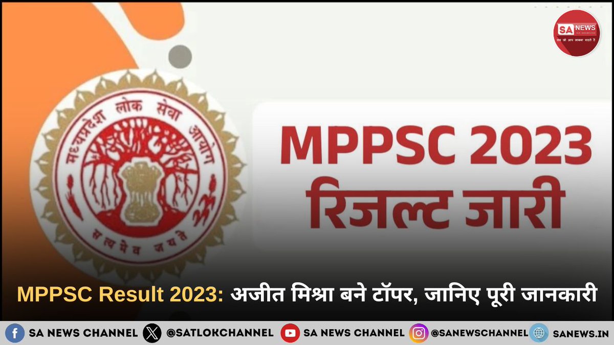 SatlokChannel's tweet image. MPPSC Result 2023 जारी हो गया है। इस बार अजीत मिश्रा ने टॉप कर 966 अंक हासिल किए और नया रिकॉर्ड बनाया। कुल 229 पदों पर हुई भर्ती में महिलाओं का प्रदर्शन शानदार रहा—टॉप 10 में तीन महिलाओं ने जगह बनाई। यह परिणाम दिखाता है कि आत्मविश्वास, अनुशासन और निरंतर अभ्यास से सफलता संभव है।…