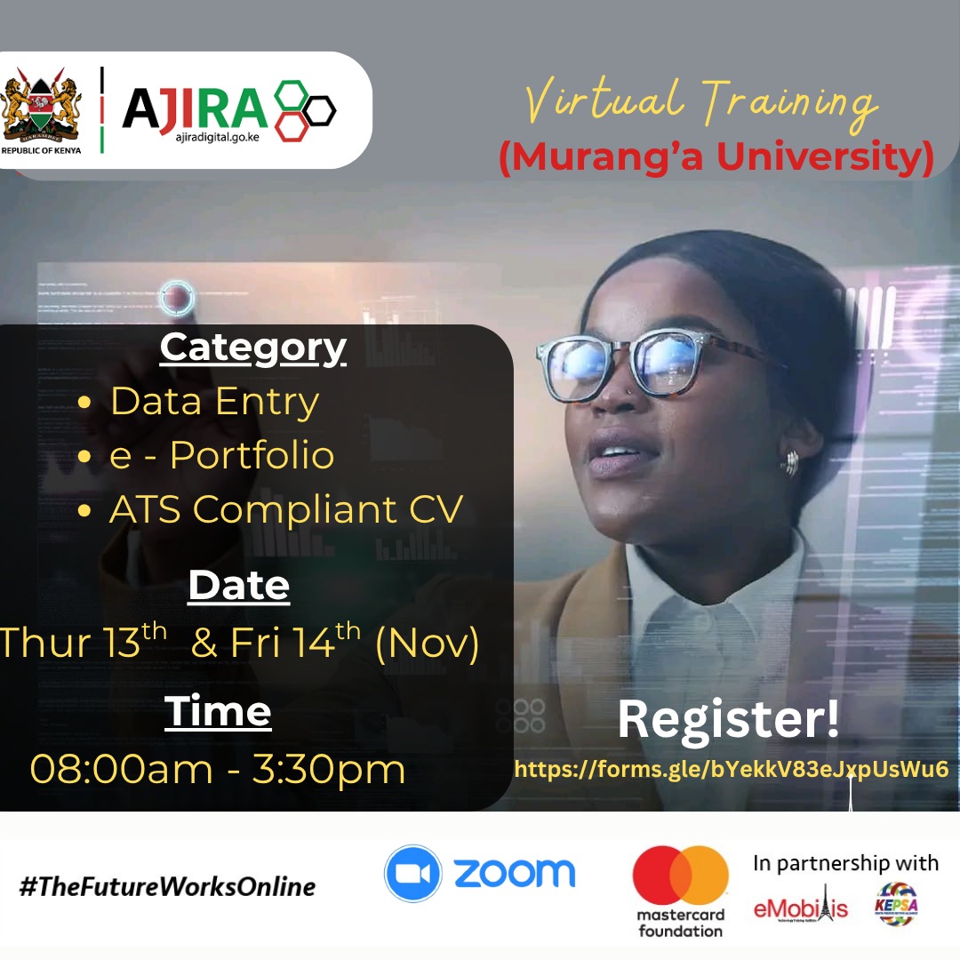 bree98635's tweet image. Virtual Training Alert!
Join our Ajira Digital session on:
✅ Data Entry, E-Portfolio Creation, ATS-Compliant CVs
Register: forms.gle/bYekkV83eJxpUs…
Grow your digital skills and take your career #BeyondTheDesk 
@eMobilisXAjira_
#AjiraDigitalProgram #Ajiraclubsedition