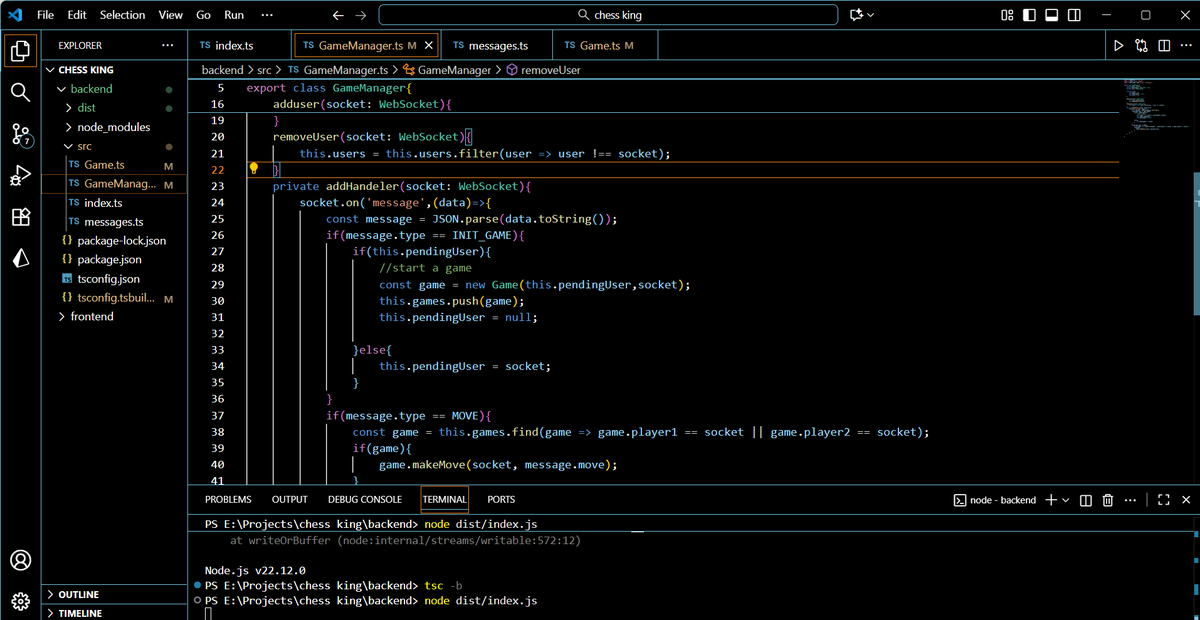 RahulGiri2004's tweet image. Just wrapped up the backend for my chess app — built with TypeScript and WebSockets for real-time gameplay. Frontend’s next. Time to bring this board to life. ♟️ #WebDev #TypeScript #ChessApp #buildinpublic
