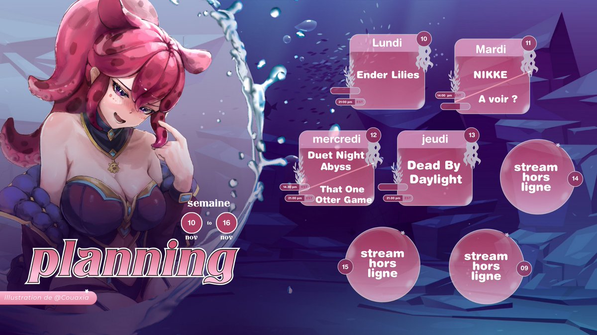 couaxia's tweet photo. Bonjour mes petits Poups 🐙 ! 

Ça va les gens? Pas trop malade avec ce temps 🤧 !  

Voici le planning de la semaine 😊 
Il a été fait par @Megumiayaka_ 💜 merci à elle :3 

#planningstream #Vtuber #Vtuberfr #VGenComm #schedule #twitch #twitchstreamer https://t.co/VKqwj9vfwS