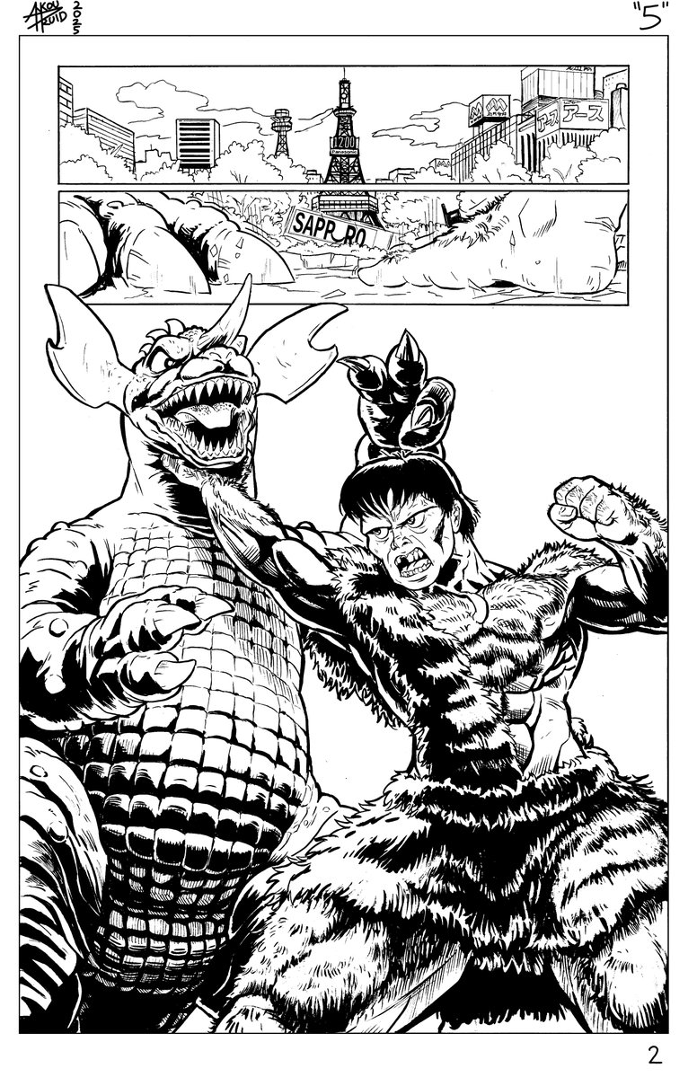 The 2nd page of my #Godzilla fan comic. 

Frankie and Baragon are at it again... and Sapporo is rendered into their boxing ring!

Done with Inks on Bristol. Edits in #CLIPSTUDIO Paint.

#Godzillafanart #fanart #comic #Kaiju #Frankenstein #artistsontwitter #artistsonX
