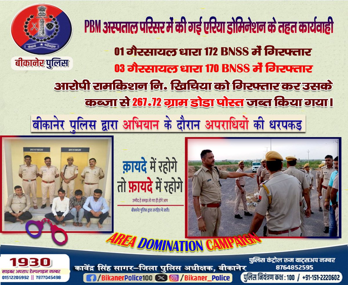 Bikaner_Police's tweet photo. #Area_Domination के तहत #PBM अस्पताल परिसर में कार्यवाही की गई।
01 आरोपी #अवैध_मादक_पदार्थ सहित गिरफ़्तार एवं 04 अन्य गैरसायल भी गिरफ़्तार किए गए।
#Rajasthanpolice
#Bikanerpolice
#Kavendrasinghsagar_ips https://t.co/AXGxL99RvU