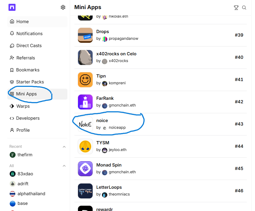 สอนการทำ Tx บน <a href="/base/">Base</a> เชน โดยใช้  <a href="/farcaster_xyz/">Farcaster</a> wallet ให้ Tip ผ่าน Mini App <a href="/noicedotso/">noice</a> 

1. เข้าตรง Mini Apps หา noice app