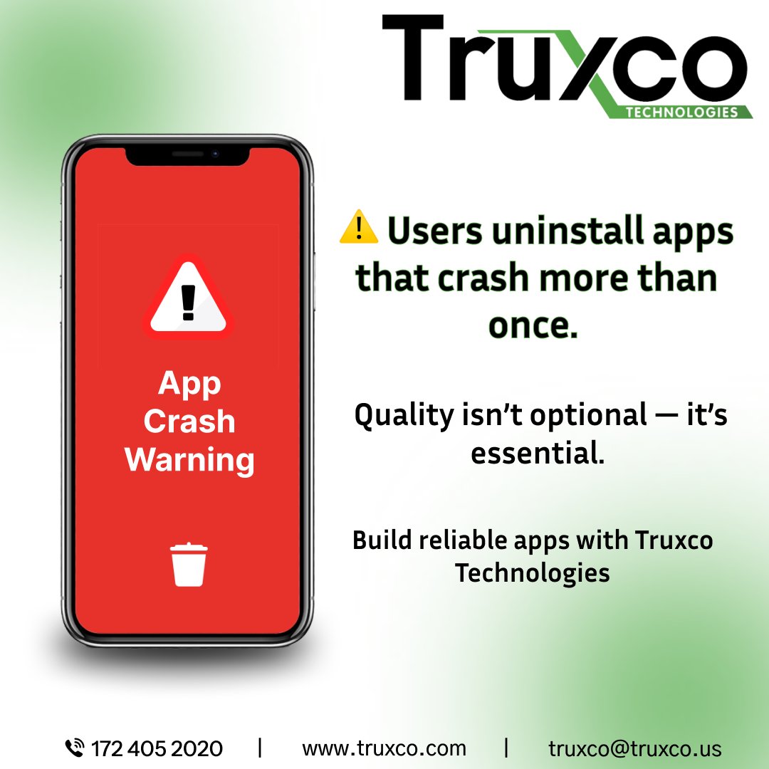 Truxco_it_tech's tweet image. ⚠️ One crash is a warning. Two is uninstall.
Build apps that never let users down — with Truxco Technologies Pvt. Ltd.

👉 Let’s build your next flawless app today!
📞 Connect now at
+91-172-4090076 |  info@truxco.com | truxco.com
#AppDevelopment #TruxcoTechnologies