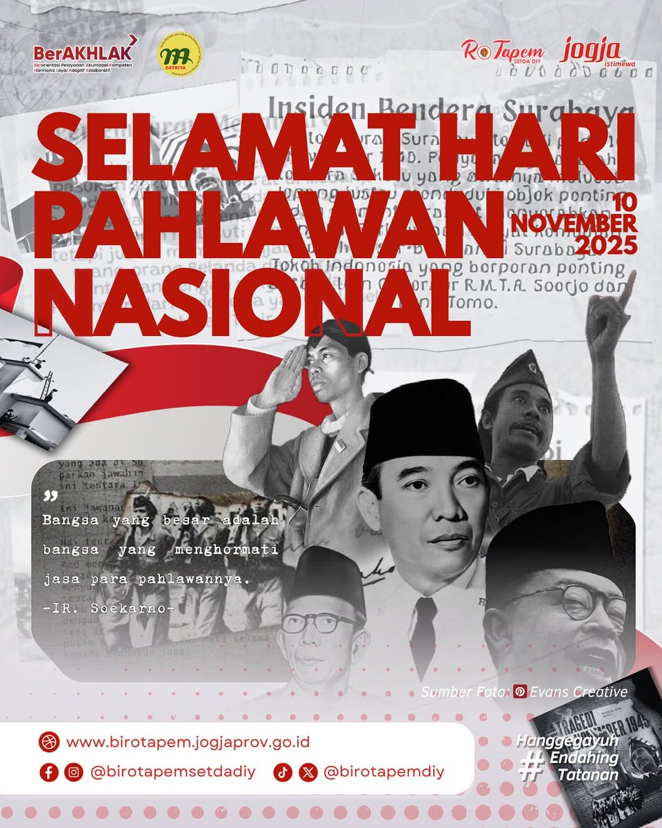 PERJUANGAN TAK SELALU DI MEDAN PERANG 🫵

Hari ini, semangat kepahlawanan hidup dalam setiap langkah pengabdian dan pelayanan kepada masyarakat 🤝

Selamat Hari Pahlawan Nasional 2025 dari Biro Tata
Pemerintahan Setda DIY 🇮🇩💪

#PemdaDIY
#RoTapemDIY 
#haripahlawan 
#jogjaistimewa