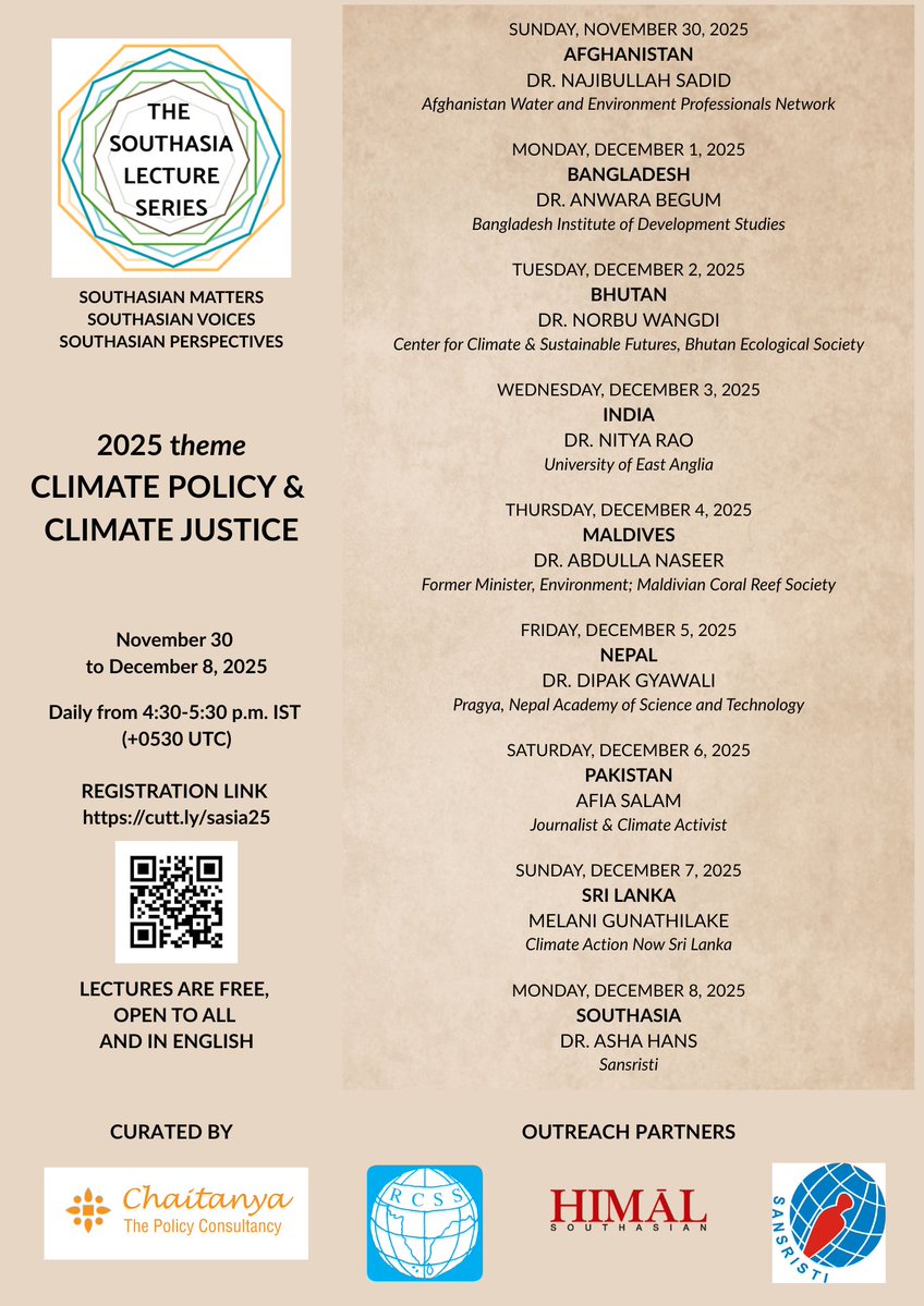 swarraj's tweet image. 9 days, 9 expert lectures! 
This dream project--a learning opportunity on matters Southasian--is about to come true, incredibly, thanks to the speakers&apos; generosity and the support of @RCSSwire @Himalistan &amp;amp; Sansristi.
chaitanyaconsult.in/chaitanya/sal2… 

Register: cutt.ly/sasia25