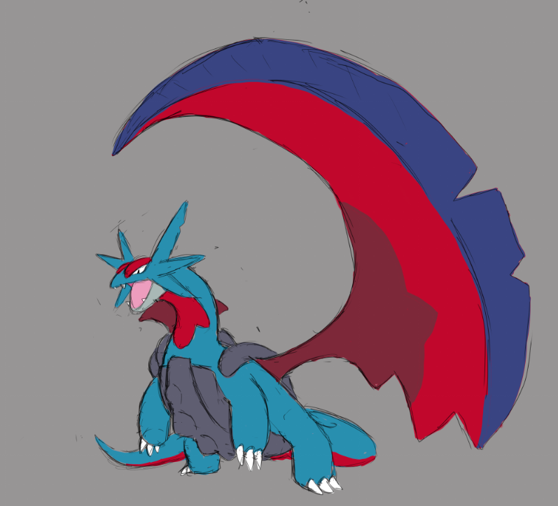 A Blade that cuts through anything, Deviant Pokemon, Bladewing Salamance. A Salamance with a failed evolution where its shell stuck to its wing causing one wing to get way larger than the other, it now uses its wing as a blade.
#Pokemon 
#DeviantPokemon