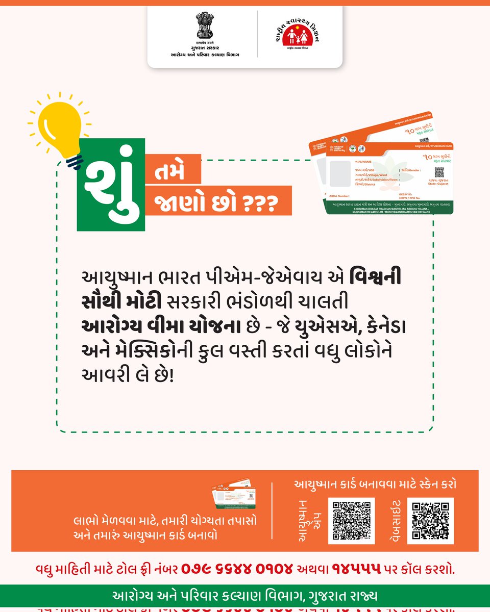 સુવિધાઓનો લાભ મેળવવા,
વધુ વિગતો માટે સંપર્ક કરો...

#spreadawareness 
#gog 
#healthdepartment 
#pmjaymacard 
#gujarat 
#india 
#today