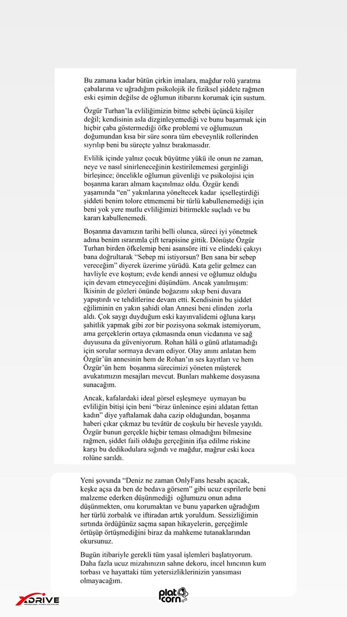 Deniz Bağdaş, Instagram hesabından eski eşi Özgür Turhan’a ilişkin bir açıklama paylaştı.

“Oğlumun babasız kalmaması adına tavrımı ölçülü tuttum; oğlunu görmesini engellemedim. Ancak hem bana hem oğlumuza yönelik psikolojik şiddet ve tehditleri sürdü.”