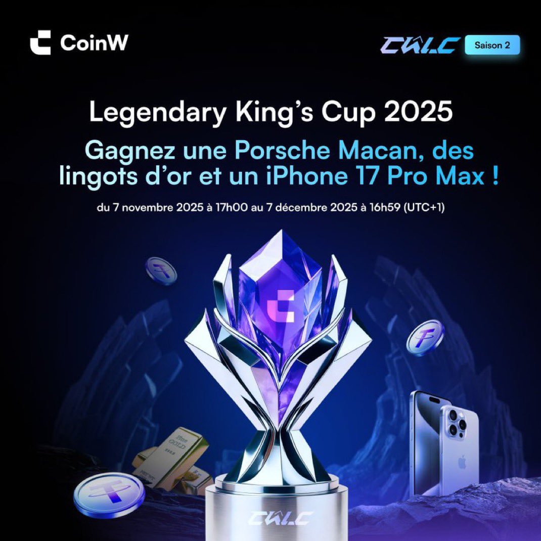 Coinw_Afrique's tweet photo. ⚔️ La Coupe du Roi Légendaire CoinW 2025 S2 est de retour, plus grande et plus folle que jamais !

Trade pour tenter de remporter une Porsche Macan, des lingots d’or, un iPhone 17 Pro Max et une énorme cagnotte.
Prêt à réclamer ta couronne ? 👑💜

👉 Rejoins-nous maintenant : https://t.co/6GkAdcouKw