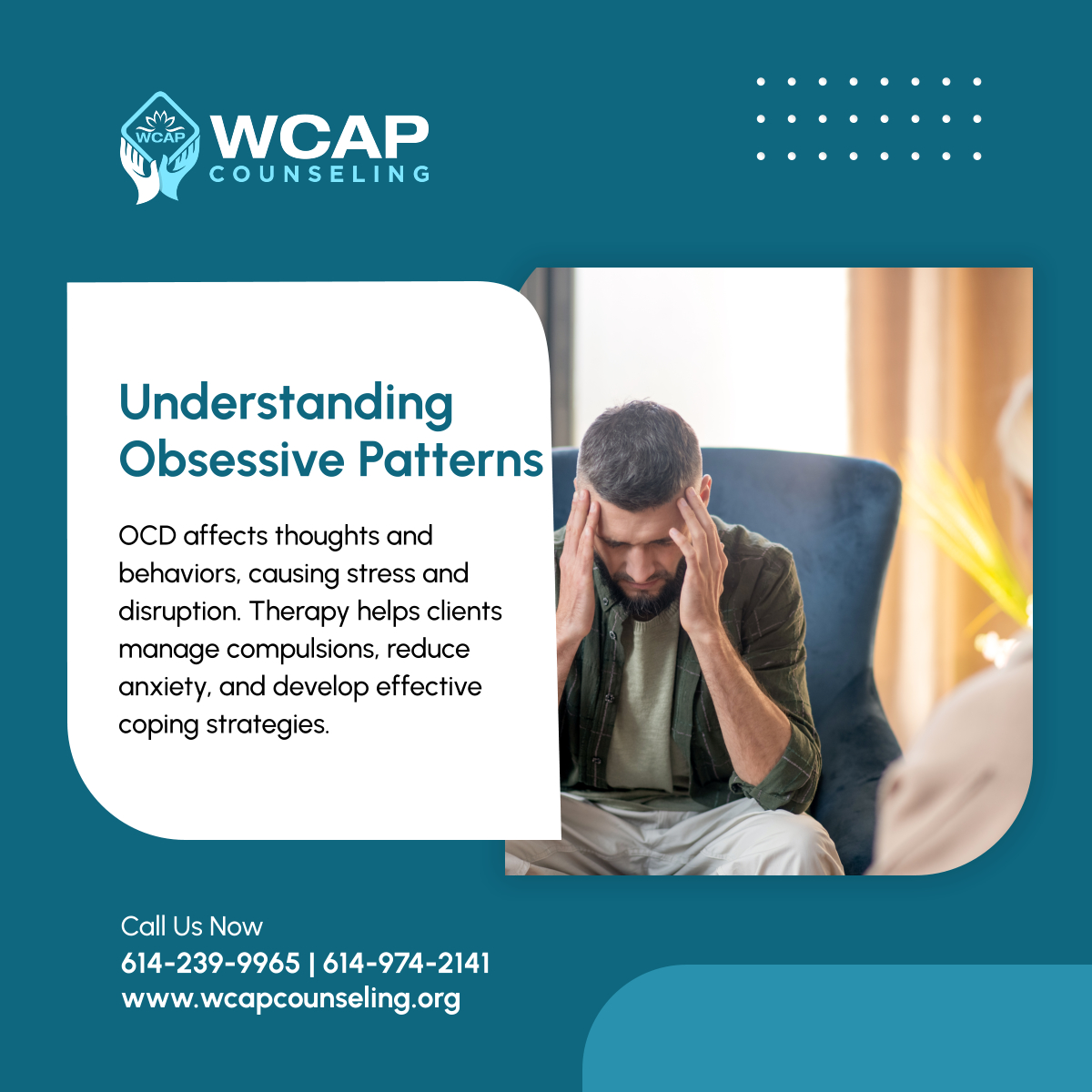WCAP_Counseling's tweet image. OCD therapy works 🌿🧠 Learn strategies to manage compulsions and stress. Professional support is available.  
📞: 614-239-9965  
📧: wcapcounseling@whitehallcapinc.com  
🌐: wcapcounseling.org   

#ReynoldsburgOH #CounselingServices #OCDHelp #AnxietySupport #MentalHealth