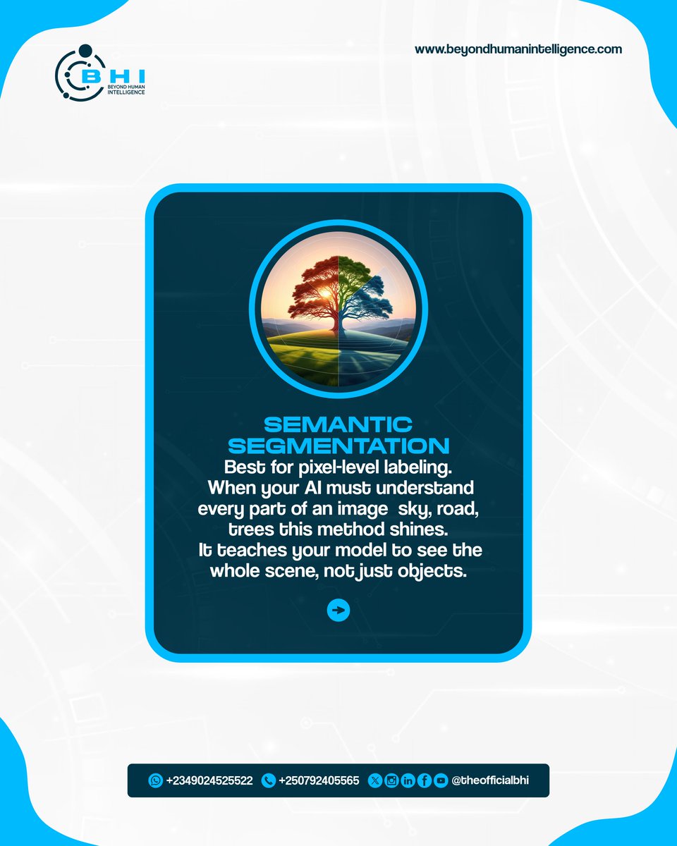 theofficialbhi's tweet image. Semantic Segmentation best for pixel-level labeling.
When your AI must understand every part of an image  sky, road, trees this method shines.
It teaches your model to see the whole scene, not just objects.
#Dataannotation #AITraining #MachineLearning #Beyondhumanintelligence