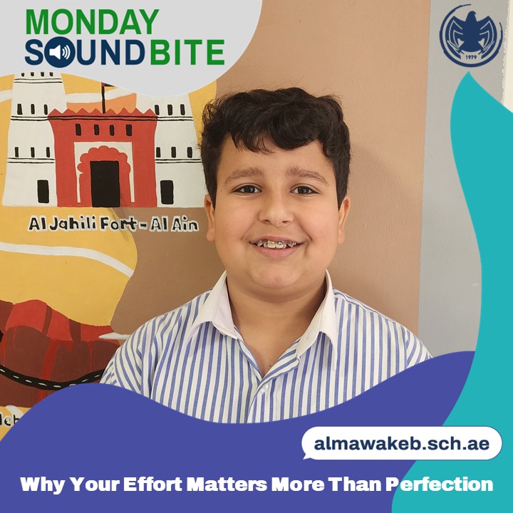 Our student Abdulla Mohammed Alzaabi echoes the belief that true success comes not from perfection but from the courage to try, grow, and give our best every time. Visit almawakeb.sch.ae to see the soundbite. #Mondaysoundbites