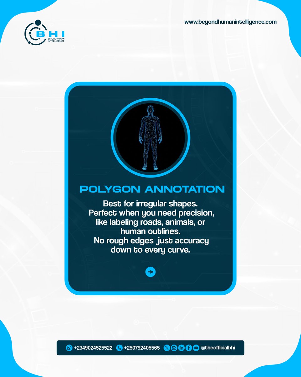 theofficialbhi's tweet image. Polygon Annotation best for irregular shapes.
Perfect when you need precision, like labeling roads, animals, or human outlines.
No rough edges  just accuracy down to every curve.

#Dataannotation #AITraining #MachineLearning #AIProjects #Beyondhumanintelligence