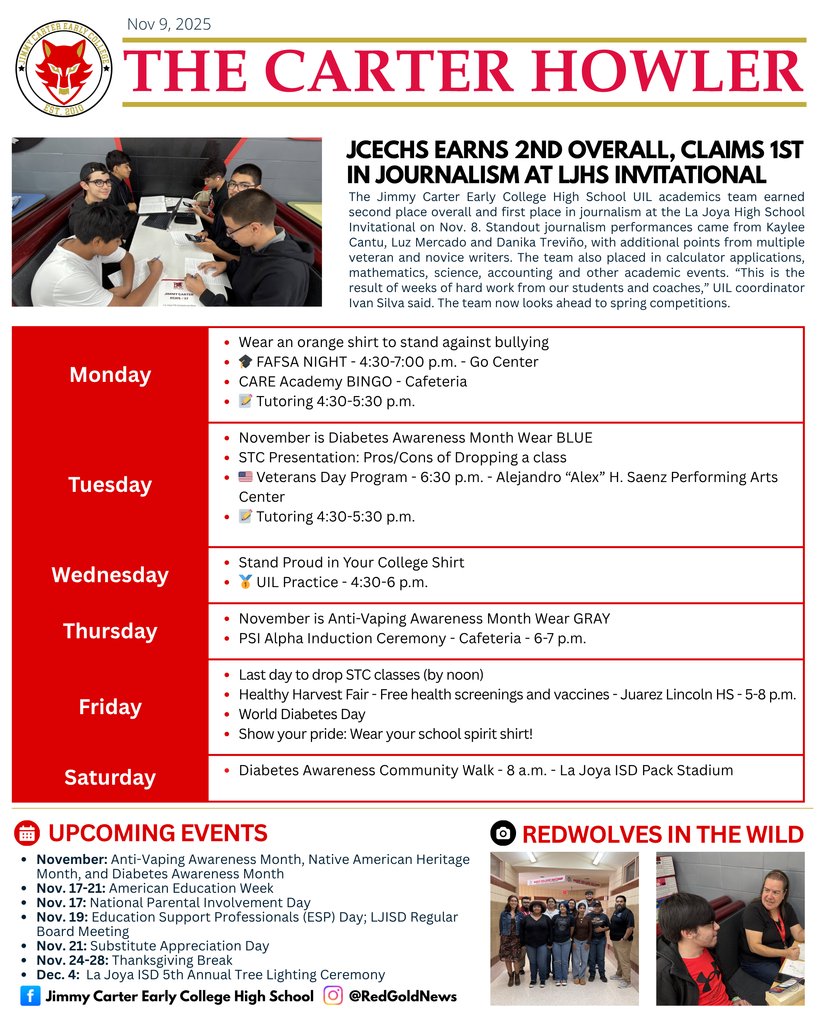 JCECHSRedWolves's tweet image. 🐺📰 The Carter Howler - 11-9 📰🐺 
This week’s Howler is out! This week’s newsletter includes awareness-day dress reminders, key events, deadlines, and campus highlights.
