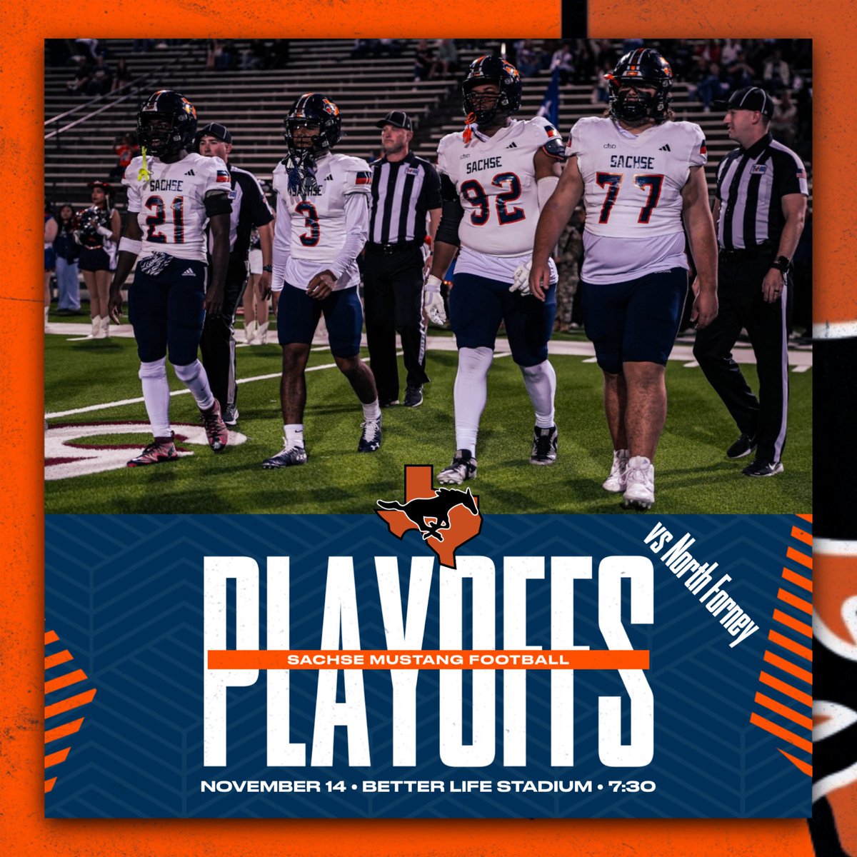 Playoffs Matchup Is Set!
🆚 North Forney (Away)
🕖 7:30
🏟️ Better Life Stadium 
📍 Forney, TX