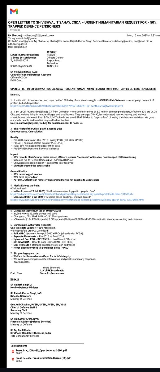 #SPARSHFailsVeterans Day 109: Open Letter to SH VISHVAJIT SAHAY, CGDA
Respected Sir,
Congratulations on assuming charge as CGDA on 01 Nov 25. With prior roles as PCDA(P), your 35+ years in defence finance—position you to lead transformative reforms. 
I lead #SPARSHFailsVeterans