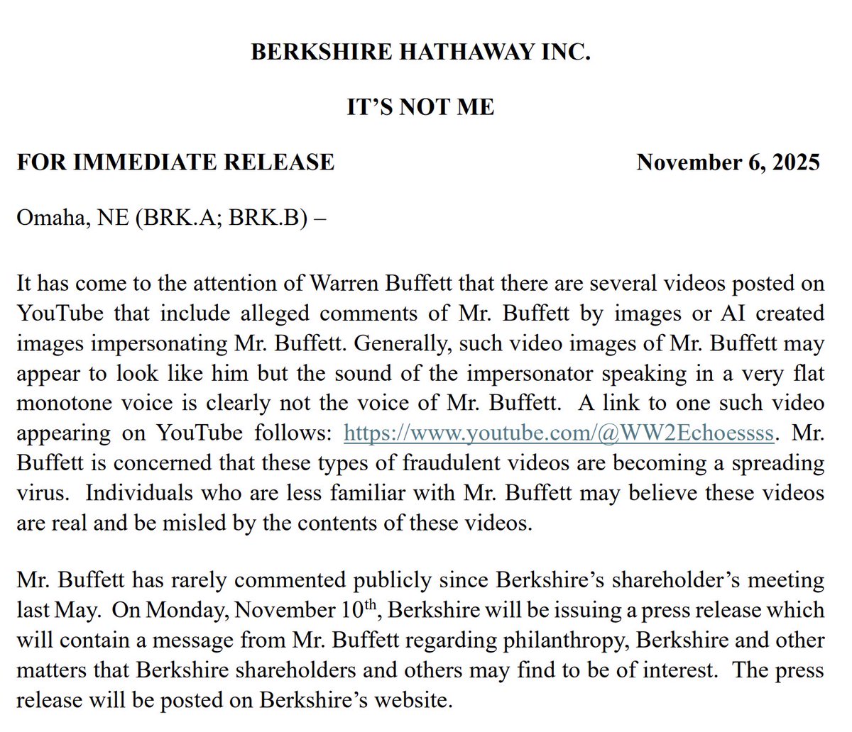 StockMKTNewz's tweet image. WARREN BUFFETT UPDATE INCOMING

Warren Buffett tomorrow will issue a press release

"which will contain a message from Mr. Buffett regarding philanthropy, Berkshire and other matters that Berkshire shareholders and others may find to be of interest"