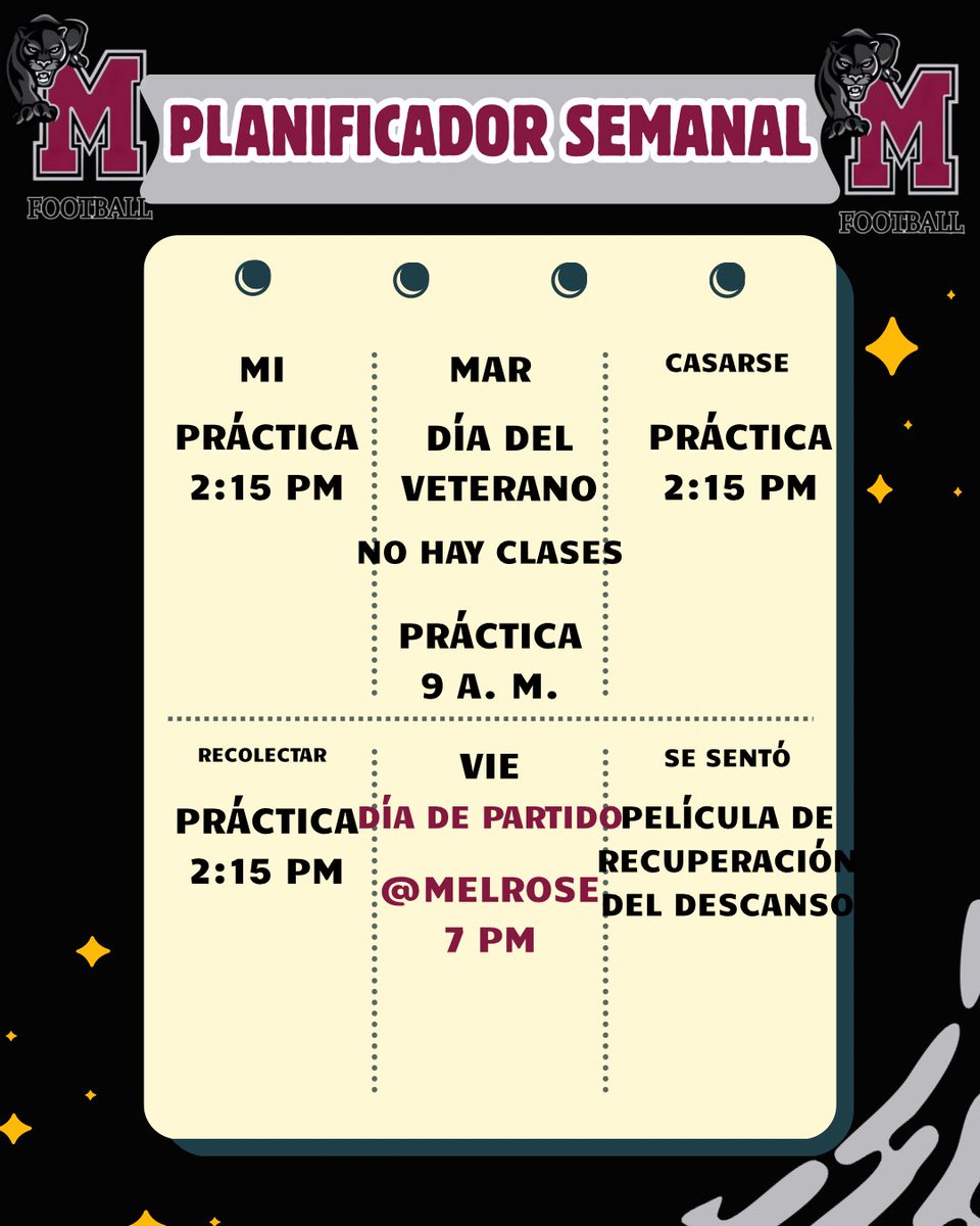 The grind continues as your Mighty Panthers prepare for the TSSAA 2nd Round of the Playoffs!
Let’s carry the momentum! 

Tuesday: No school, in honor of Veterans Day

📍 Game Day: Friday @ Melrose | Kickoff 7PM
We need everyone to make the drive, pack the stands, and bring the E