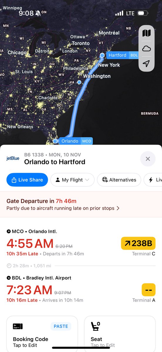 kyleneasaurus's tweet image. Ten. That’s how many hours our flight is delayed. @jetblue claiming it’s “weather related” so we haven’t been offered so much as a bottle of water as MCO shuts down for the night with a flight of passengers sitting at the gate. This is the last time we’ll be flying Jetblue.