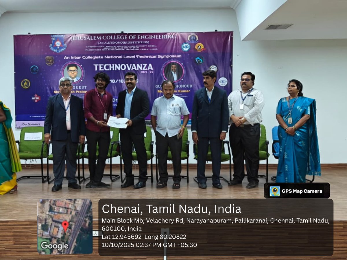 VelMultitech99's tweet image. 🎉 Congratulations to K. Gowtham Selvakani (AIDS, 2023–2027) for securing 3rd place in the #National Level Technical Event “Synaptic” at #TECHOVANZA 2025-2026, hosted by Jerusalem College of Engineering! 👏 #VelTechMultiTech #Achievement #AIDSDept