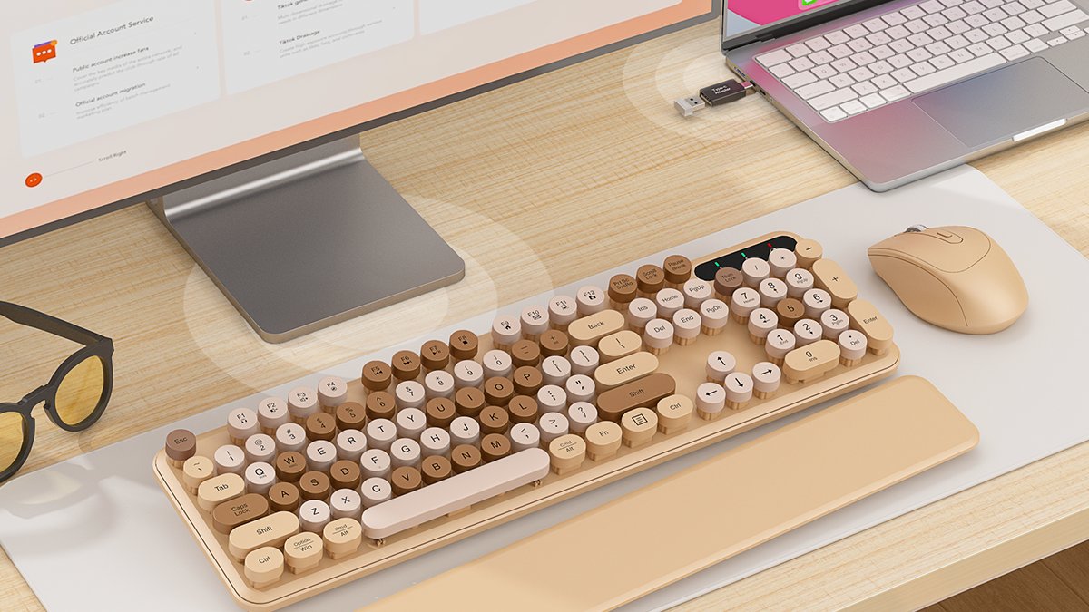 truequekeys's tweet image. Just got this Trueque Latte keyboard &amp;amp; I’m obsessed ☕✨
⌨️ The retro keys feel so good to type on
🖐️ Wrist rest = total comfort
🐭 Quiet wireless mouse = zero lag
💛 It’s cute, comfy &amp;amp; perfect for my cozy desk vibe 🎀
#TypewriterKeyboard #DeskSetup #CuteTech #WirelessKeyboard