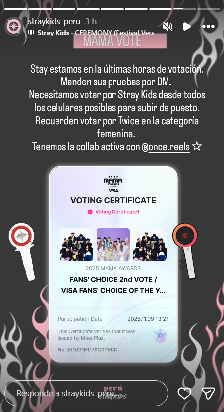 StrayKidsPeru_'s tweet photo. ✨ ¡STAY! Estamos a nada del cierre de votaciones en los #2025MAMAAWARDS 💥
Animamos a #STAYDIVINE a seguir votando sin parar 🗳️💪 desde todos sus dispositivos hasta el último segundo ⏰
Gracias infinitas a @ once.reels en ig por la increíble collab en esta votación 🤝
#STRAYKIDS https://t.co/2cdUQkxgbW