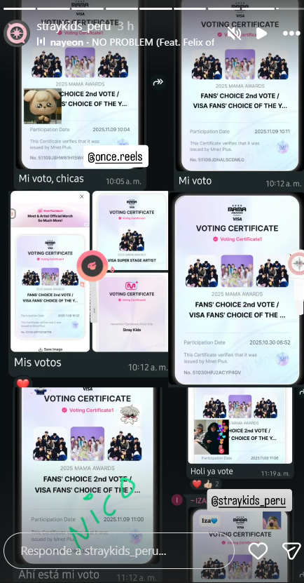 StrayKidsPeru_'s tweet photo. ✨ ¡STAY! Estamos a nada del cierre de votaciones en los #2025MAMAAWARDS 💥
Animamos a #STAYDIVINE a seguir votando sin parar 🗳️💪 desde todos sus dispositivos hasta el último segundo ⏰
Gracias infinitas a @ once.reels en ig por la increíble collab en esta votación 🤝
#STRAYKIDS https://t.co/2cdUQkxgbW