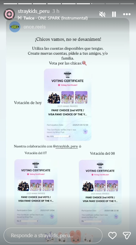 StrayKidsPeru_'s tweet photo. ✨ ¡STAY! Estamos a nada del cierre de votaciones en los #2025MAMAAWARDS 💥
Animamos a #STAYDIVINE a seguir votando sin parar 🗳️💪 desde todos sus dispositivos hasta el último segundo ⏰
Gracias infinitas a @ once.reels en ig por la increíble collab en esta votación 🤝
#STRAYKIDS https://t.co/2cdUQkxgbW